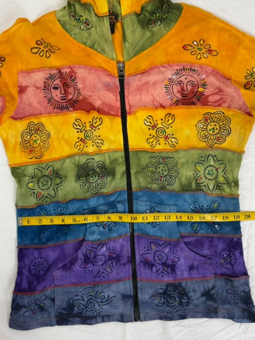 Rising International Rainbow Patchwork Hoodie Women’s XL Boho Hippie Tie Dye - Picture 8 of 10
